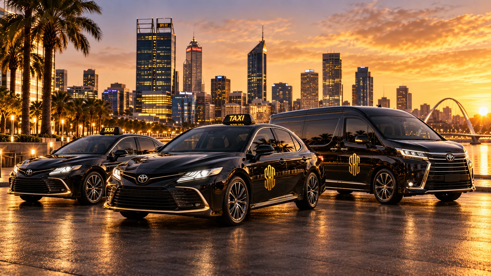 Perth taxi fleet at golden hour